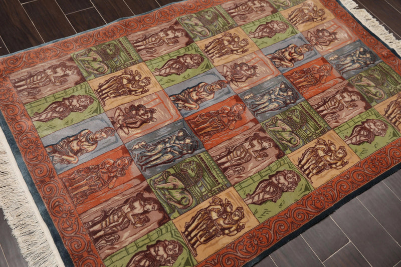 4' x 6' Hand Knotted 300 KPSI Kamasutra Panel Quam Wool Traditional Area Rug Blue
