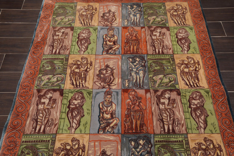 4' x 6' Hand Knotted 300 KPSI Kamasutra Panel Quam Wool Traditional Area Rug Blue