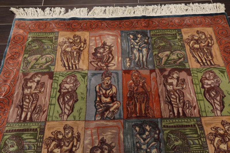 4' x 6' Hand Knotted 300 KPSI Kamasutra Panel Quam Wool Traditional Area Rug Blue