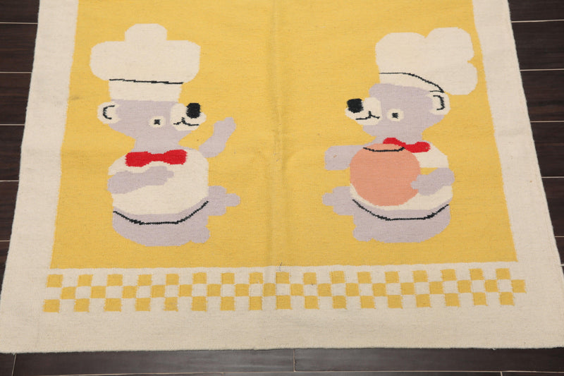 4'1"x6' Hand Woven Kids Special Reversible Dhurry Kilim Oriental Area Rug Yellow