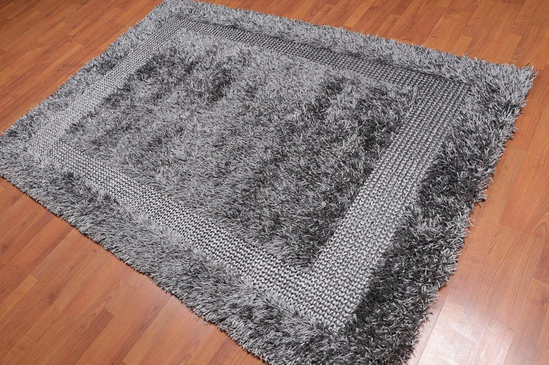 5'x7'6 Handmade Polyester Shag Oriental Area Rug Silver Gray Color