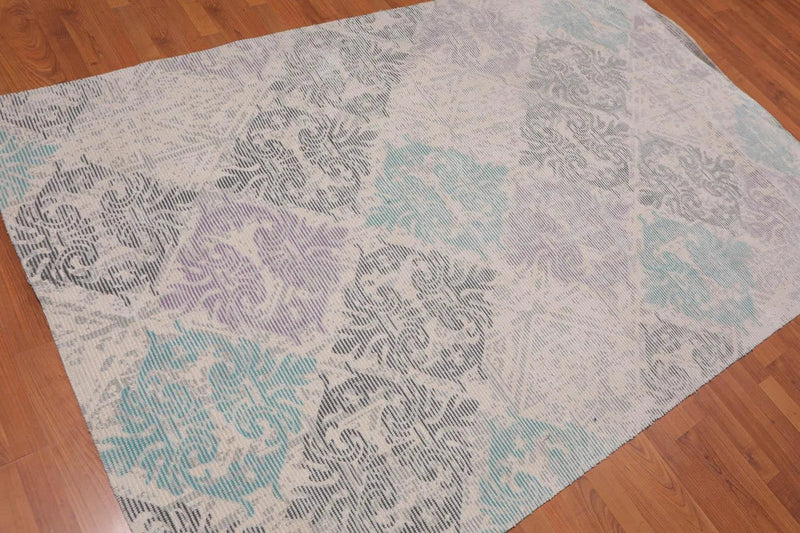 5'x8' Handmade Wool Damask Oriental Area Rug Beige, Teal Color