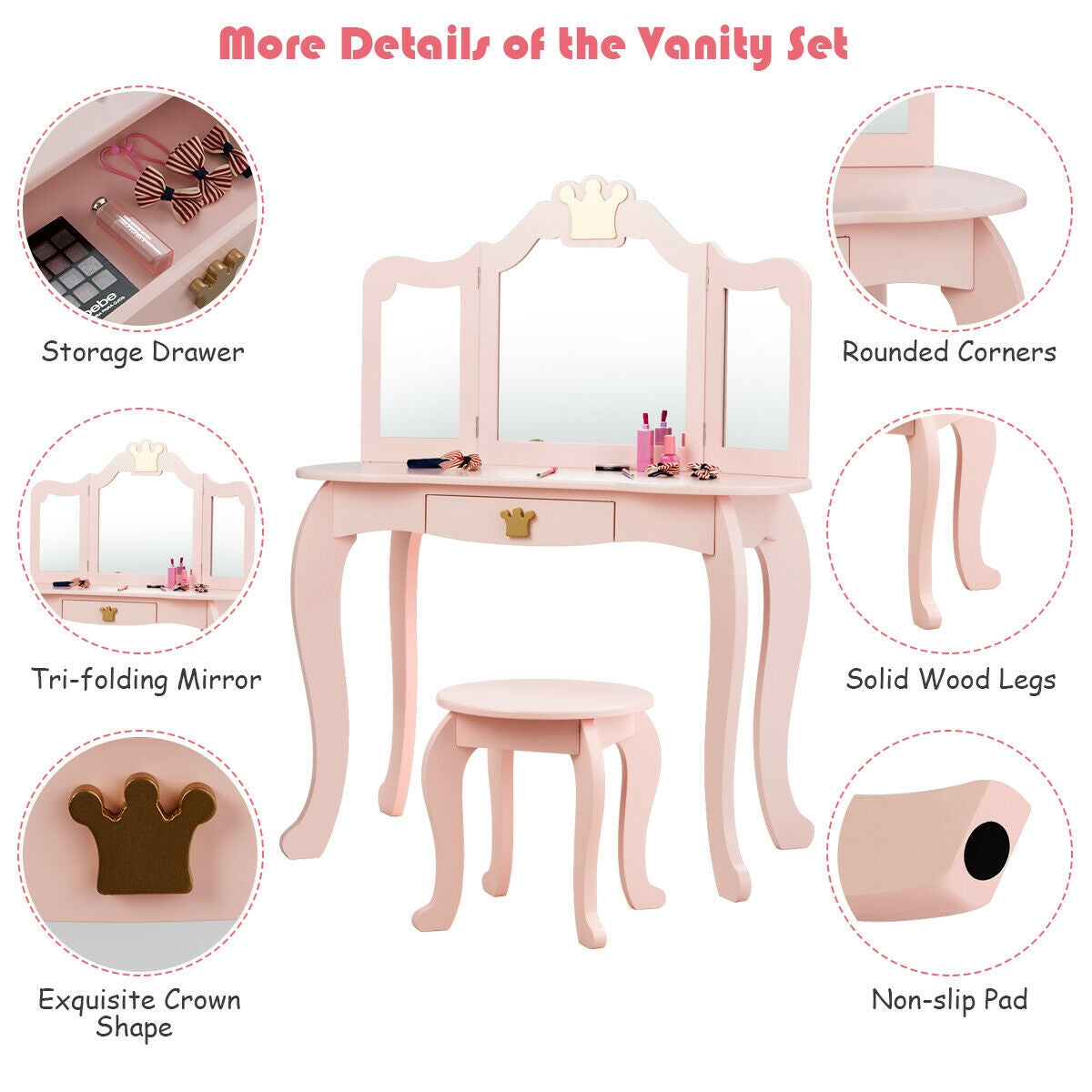 Kids Makeup Dressing Table with Tri-folding Mirror and Stool-Pink, photo 7 of 8