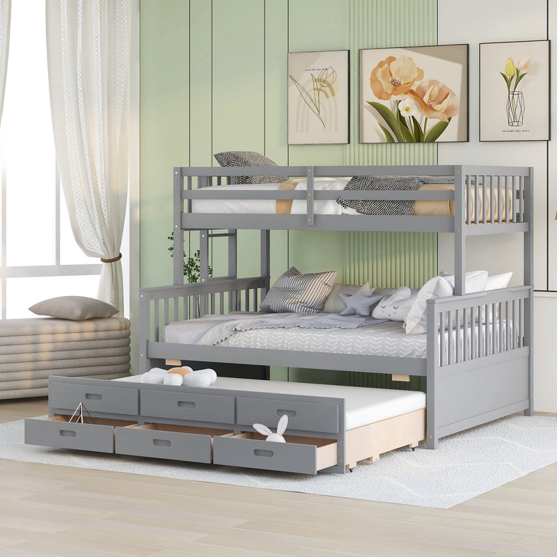 Twin-Over-Full Bunk Bed with Twin size Trundle, Separable Bunk Bed with Drawers for Bedroom - Gray
