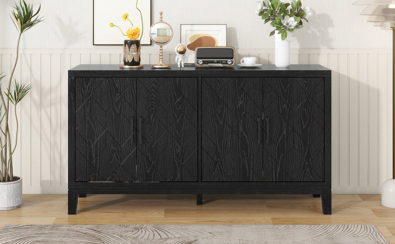 4-door Retro Sideboard with Adjustable Shelves, Two Large Cabinet with Long Handle, for Living Room and Dining Room (Black)