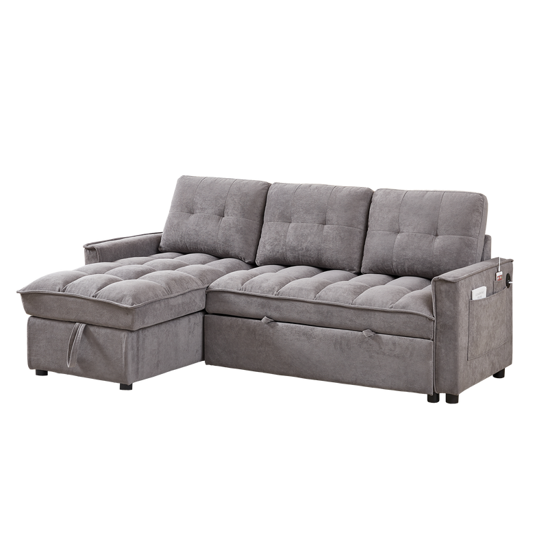 78.75" Reclining Sofa, Pull-Out Sofa Bed with USB and tape-c charging ports, L-Shaped Sectional Sofa with Reclining Storage and Arm Side Organizer Pocket Features, Living Room Comfort Sofa
