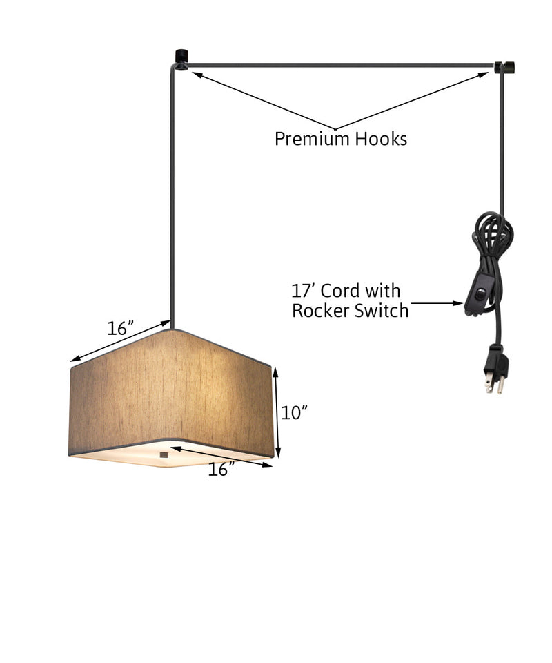 2 Light Swag Plug-In Pendant 16"w Rounded Corner Square Oatmeal Drum Shade with Diffuser, Black Cord