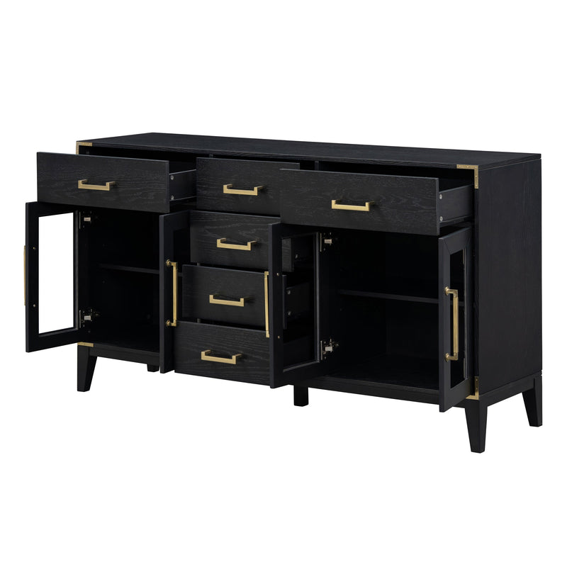 6-drawer and 2-Cabinet Retro Sideboard with Extra Large Storage Space, with Gold Handles and Solid Wood Legs, for Kitchen and Living Room (Black)