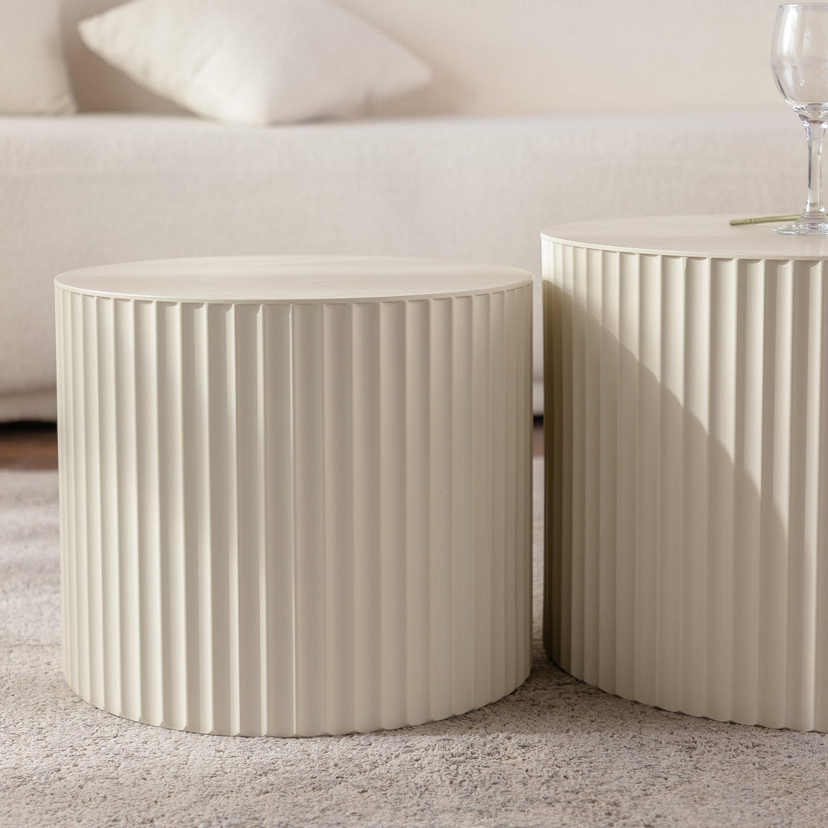 Beige Nesting Coffee Table Set of 2 Modern Drum Side Tables, photo 6 of 10
