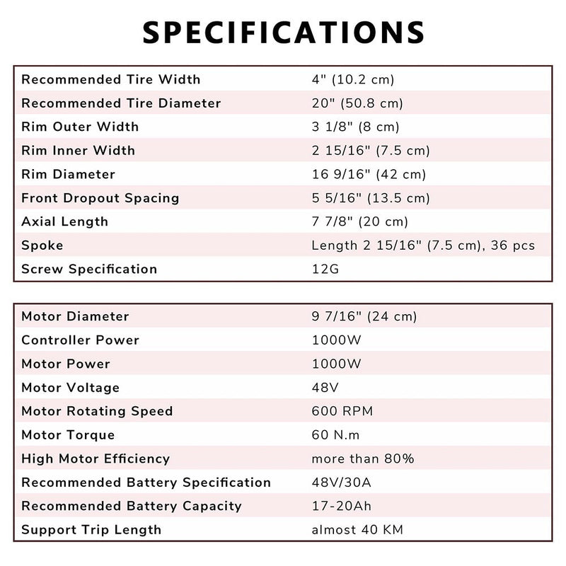 Yescom 20" Front Wheel Electric Bicycle Motor Fat Tire Kit 48v 1000w