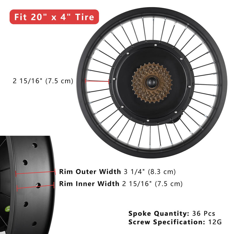 Yescom 20" Rear Wheel Electric Bicycle Motor Fat Tire Kit 48v 1000w