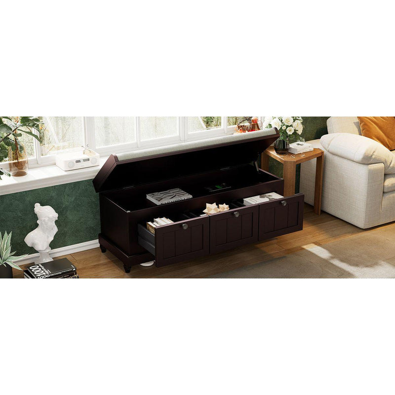 TREXM Classic Shoe Bench with Cushion and Three Drawers, Fluted Entryway Bench with Storage for Living Room, Entryway, and Hallways (Espresso)