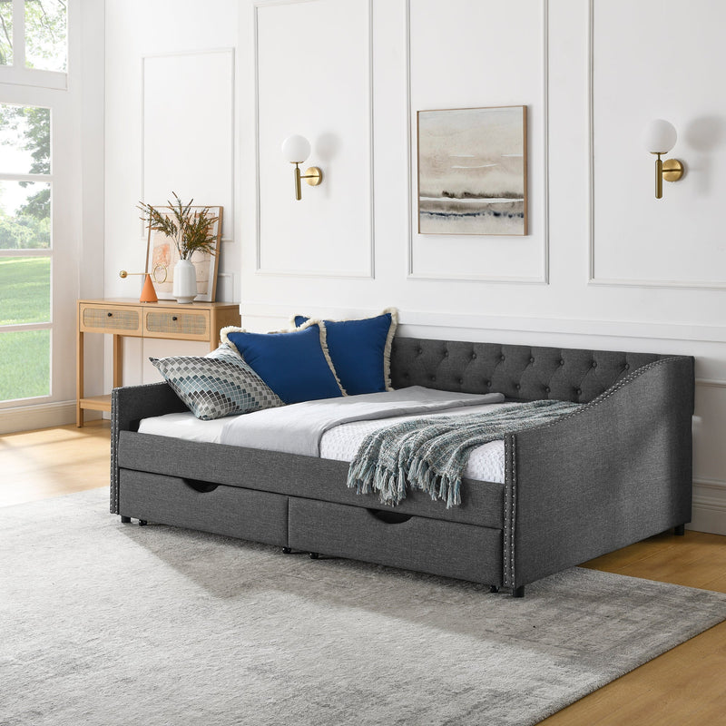 Full Size Daybed with Drawers Upholstered Tufted Sofa Bed, with Button on Back and Copper Nail on Waved Shape Arms(80.5"x55.5"x27.5")