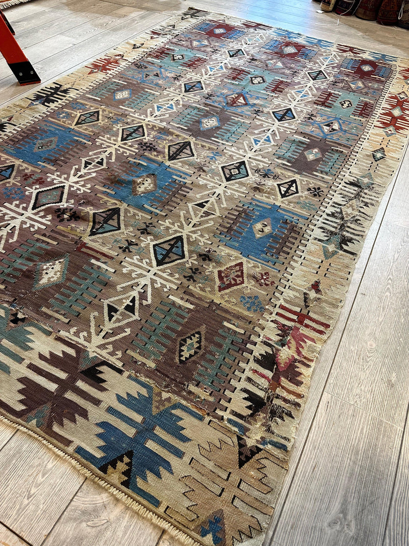 Reyhanli Anatolian 19th C Antique One Of A Kind Kilim Rug 5’ x 8’3”