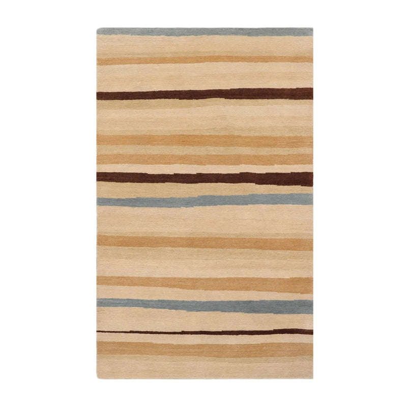 3x5 Hand-Knotted Contemporary  Striped Tibetan Wool Area Rug Beige