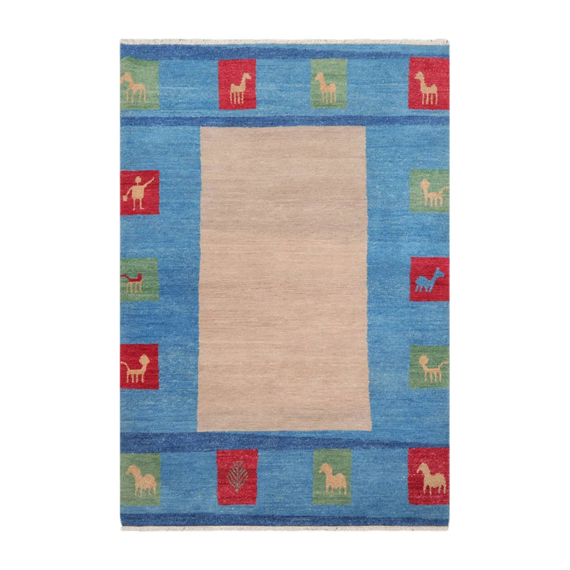 4x6 Beige Hand Knotted Tibetan Contemporary Gabbehh Wool Oriental Area Rug