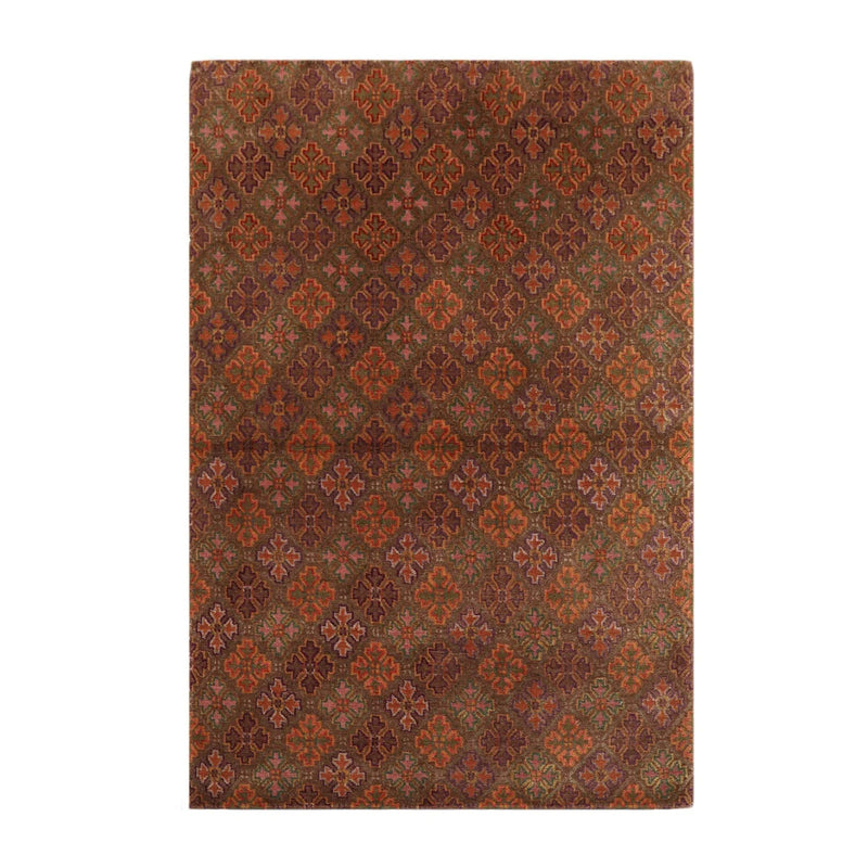 4x6 Brown Hand Knotted Tibetan Transitional  Floral Wool & Silk Oriental Area Rug