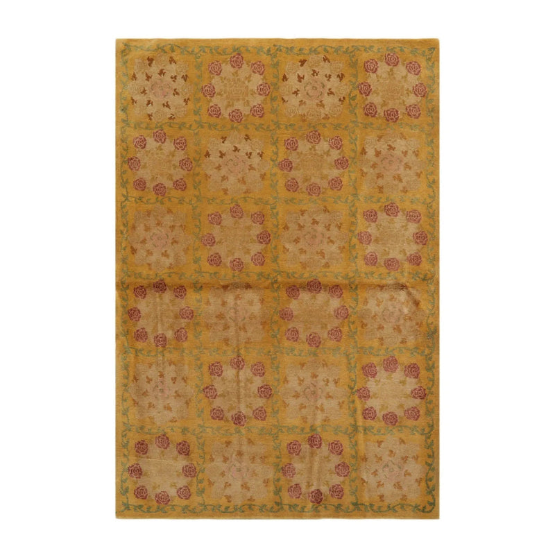 4x6 Gold Hand Knotted Tibetan Transitional  Floral Wool Oriental Area Rug