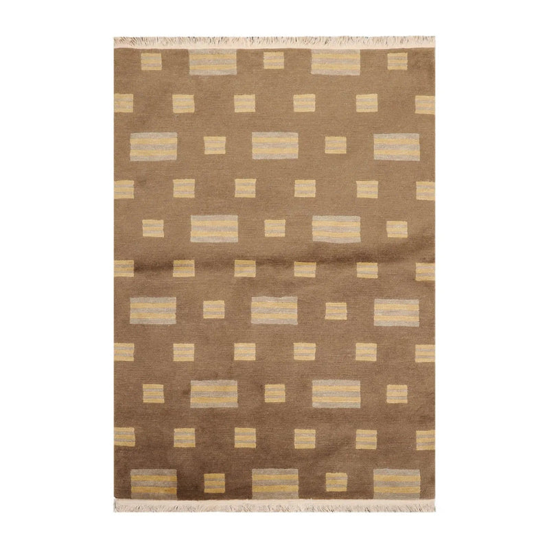 4x6 Olive Hand Knotted Modern Tibetan Geometric Wool Oriental Area Rug