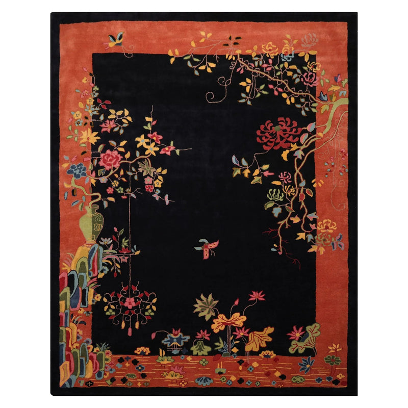 LoomBloom  Multi Sizes Black Hand Tufted Floral Chinese Art Deco New Zealand Wool Oriental Area Rug