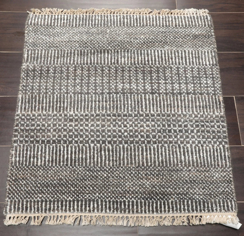 2'x2' Ivory Hand Knotted Tibetan Modern Wool and Bamboo Silk Oriental Area Rug