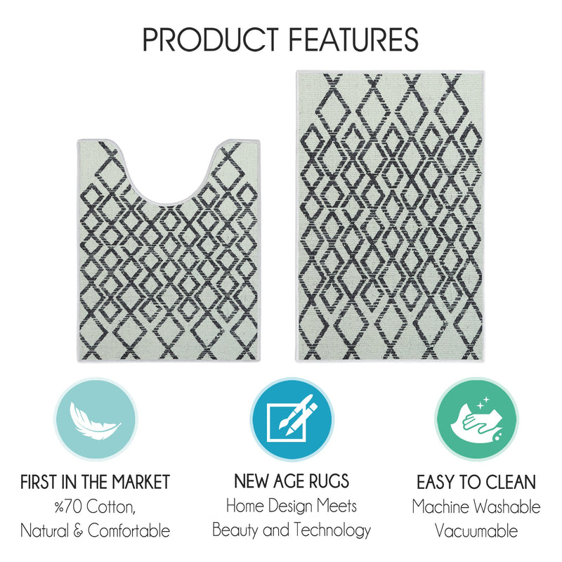 Geometric Diamond Design 2 Piece Bathroom Rugs Set | Ivory