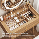 Small Glass-Top Makeup Vanity Desk with Round LED Mirror and Stool