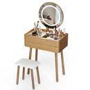 Small Glass-Top Makeup Vanity Desk with Round LED Mirror and Stool