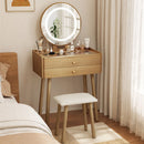 Small Glass-Top Makeup Vanity Desk with Round LED Mirror and Stool
