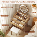 Small Glass-Top Makeup Vanity Desk with Round LED Mirror and Stool
