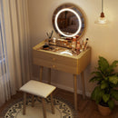 Small Glass-Top Makeup Vanity Desk with Round LED Mirror and Stool