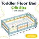 Crib Size Wooden Floor Bed Frame with Rails for Toddlers Age 1–3