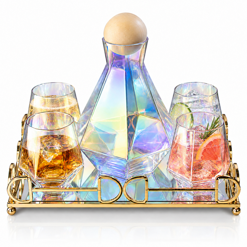 Diamond Iridescent Glass Diamond Decanter and Glasses Set