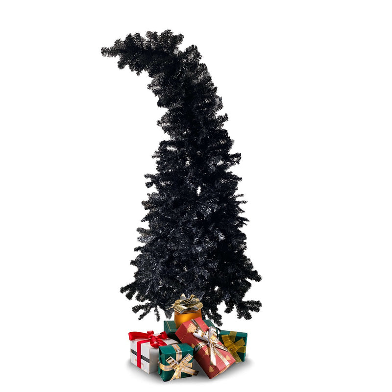 6.9ft Black Bendable Santa Hat Style Halloween Tree Artificial Christmas Tree Xmas, 1050 Branch Tips, Metal Frame