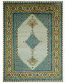 Custom Made Traditional Serapi Design Ivory And Blue Hand Knotted Wool Rug