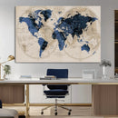 Vintage Blue World Map Canvas Wall Art – Antique Style