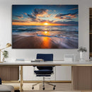 Sunset on the Ocean Beach with Waves, Reflections on Sand,