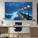 Stormy Ocean Pier Lights Canvas Wall Art Print - Large Moody