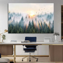 Misty Pine Forest Wall Art Canvas, Sunrise Over Foggy Trees
