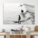 Surfers on Waves Wall Art Canvas Print – Framed Black and