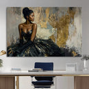 Black Woman Canvas Wall Art — Black Gold Gown Fashion Print by MyGreatCanvas | Canvas Wall Art Prints | Photo Prints & Wall Decor