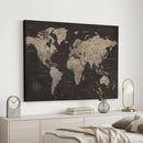 World Map Canvas Wall Art Dark Charcoal Antique Tan Detailed