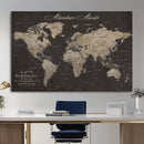 Custom World Map with Pins Canvas Wall Art Dark Charcoal