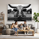 Black White Texas Longhorn Bull Canvas Wall Art, Western Ranch Cattle Photography Print, Rustic Farmhouse Cowboy Decor Artwork