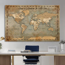 Vintage Personalized Push Pin World Map, Vintage Travel Map Canvas, Custom Names Anniversary Gift, Places Visited Pin Board, Couples Adventure Art