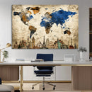 World Map Canvas Print – Vintage Blue and Gold World Map