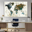 Vintage World Map Wall Art Canvas Print, Framed Rustic Earth