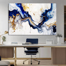 Golden Cascades on Midnight Blue – Deep Blue Abstract Wall