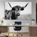 Texas Cow Longhorn Wall Art Canvas Print in Black and White