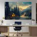 Mountain Cabin by the Lake at Sunset Wall Art - Serene